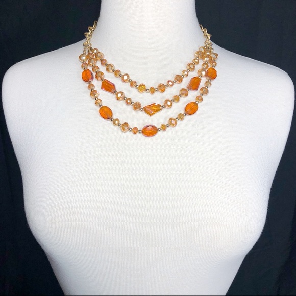 3 Row Orange Glass Beaded Necklace Earrings Set - Picture 3 of 3